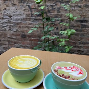 Outro - Golden Latte (left), Matcha Rose Latte - Cafes Near Me - New York, New York
