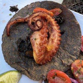 Holbox - taco de pulpo en su tinta Braised & fried gulf of Mexico octopus, calamari ink sofrito $8 - Latin American Near Me - Los Angeles, California Holbox - taco de pulpo en su tinta Braised & fried gulf of Mexico octopus, calamari ink sofrito $8 - Latin American Near Me - Los Angeles, California