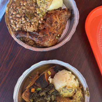 Mande Dibi - Top: Chicken, Black Eye Peas, Potato FUFU, Egusi Soup, and Jollof Rice Bottom: Salmon, Collard Greens, Potato FUFU, Egusi Soup, and Lamb - African Near Me - Memphis, Tennessee Mande Dibi - Top: Chicken, Black Eye Peas, Potato FUFU, Egusi Soup, and Jollof Rice Bottom: Salmon, Collard Greens, Potato FUFU, Egusi Soup, and Lamb - African Near Me - Memphis, Tennessee