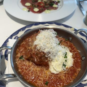 LUCA - First Course - Meatball (not pictured the bread they give you to dip in the sauce) and Montauk Tuna Carpaccio - Italian Near Me - Stony Brook, New York LUCA - First Course - Meatball (not pictured the bread they give you to dip in the sauce) and Montauk Tuna Carpaccio - Italian Near Me - Stony Brook, New York