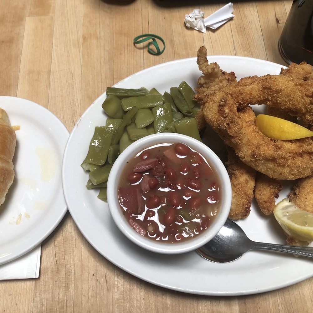 Cornmeal White Fish with Southern Green Beans and Red Beans & Rice along with a side of bread. Cornmeal White Fish with Southern Green Beans and Red Beans & Rice along with a side of bread.