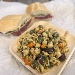 Séka Hills Tasting Room - Yummy sandwich and pasta salad made with their locally grown olives and olive oil