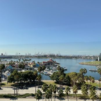 Hyatt Regency Long Beach - Hotel room view: The Queen Mary ship top left, Pine Ave Pier in the center, Shoreline Park w/ lighthouse top right - Hotels Near Me - Long Beach, California Hyatt Regency Long Beach - Hotel room view: The Queen Mary ship top left, Pine Ave Pier in the center, Shoreline Park w/ lighthouse top right - Hotels Near Me - Long Beach, California