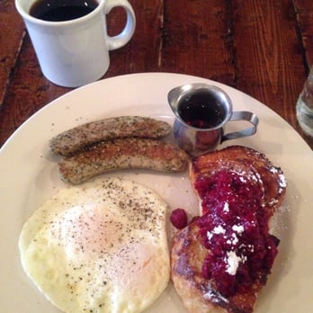 Americana - French toast with blueberry, fried eggs, chicken sausage - New American Near Me - Seattle, Washington Americana - French toast with blueberry, fried eggs, chicken sausage - New American Near Me - Seattle, Washington