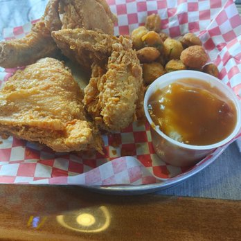 Champy's Famous Fried Chicken - Half a chicken plate with mashed taters and fried okra - Southern Near Me - Alabaster, Alabama