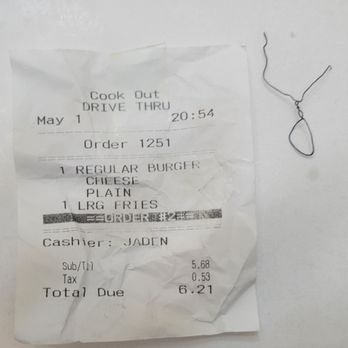 Cook Out - That piece of metal was in my kid's burger.  I would be hesitant of ever eating at this place or any of their locations for that matter. - Burgers Near Me - Knoxville, Tennessee