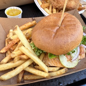 Loggers Grill - Salmon burger $22 - Burgers Near Me - North Vancouver, British Columbia