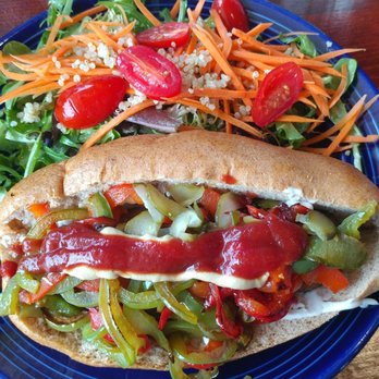 The Grain Cafe - Hot Dog (not with sauerkraut) w/mixed green salad! - Vegan Near Me - Long Beach, California