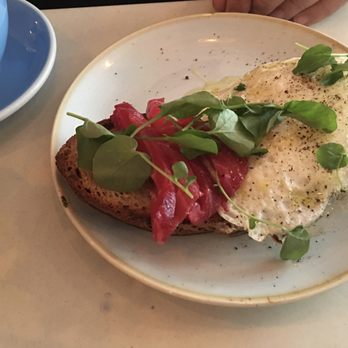 Two Hands - Build Your Own Breakfast- 2 eggs over easy with beet cured salmon - Breakfast & Brunch Near Me - New York, New York Two Hands - Build Your Own Breakfast- 2 eggs over easy with beet cured salmon - Breakfast & Brunch Near Me - New York, New York