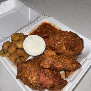 Gus's World Famous Fried Chicken - Austin - 3 Piece White Plate (Sides: Fried Okra, Baked Beans); side of ranch dressing - Southern Near Me - Austin, Texas Gus's World Famous Fried Chicken - Austin - 3 Piece White Plate (Sides: Fried Okra, Baked Beans); side of ranch dressing - Southern Near Me - Austin, Texas