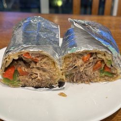 La Catrina - Veggie Fajita Burrito with carnitas added. Delicious !