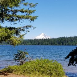 Gone Creek Campgrounds - View of Mt. Hood from a lakeside campsite