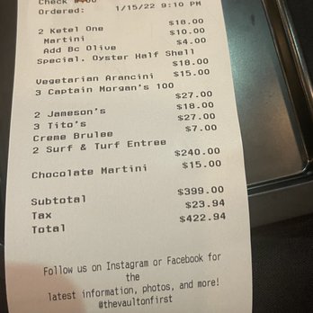 The Vault - Bill from dinner - Seafood Near Me - Wyandotte, Michigan The Vault - Bill from dinner - Seafood Near Me - Wyandotte, Michigan