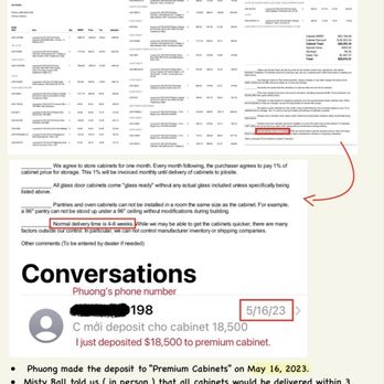 Premium Cabinets - Deposit was made on 5/15/2023. "Delivery time is 4-6 weeks" is stated on the quote. - Kitchen & Bath Near Me - Tustin, California