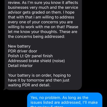 Caliber Collision - Text message from Gabby (identifying herself as the GM), bribing me for the issues they caused while repairs were getting done. - Body Shops Near Me - Mission Viejo, California