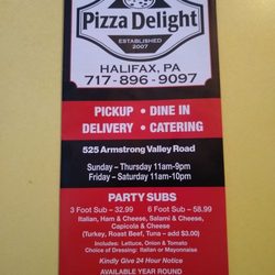 Pizza Delight - Front of the menu
