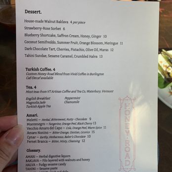 Honey Road - Dessert and after dinner coffee/tea menu - Middle Eastern Near Me - Burlington, Vermont Honey Road - Dessert and after dinner coffee/tea menu - Middle Eastern Near Me - Burlington, Vermont