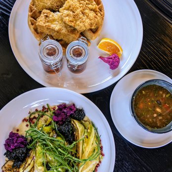 The Plot - Chicken and Waffles and Steam Cabbage dish. Cabbage dish is probably my favorite - Vegan Near Me - Oceanside, California The Plot - Chicken and Waffles and Steam Cabbage dish. Cabbage dish is probably my favorite - Vegan Near Me - Oceanside, California