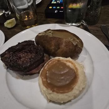 Stubrik's Steakhouse - Filet mignon wrapped in bacon, mashed potatoes and gravy + baked Potatoe. - Steakhouses Near Me - Fullerton, California Stubrik's Steakhouse - Filet mignon wrapped in bacon, mashed potatoes and gravy + baked Potatoe. - Steakhouses Near Me - Fullerton, California