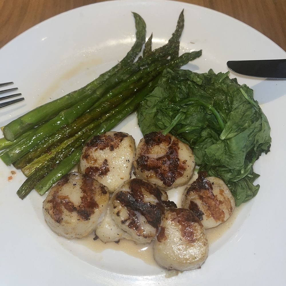 Seasons 52 - Caramelized Grilled Sea Scallops with spinach and asparagus - Wine Bars Near Me - Hanover, New Jersey Seasons 52 - Caramelized Grilled Sea Scallops with spinach and asparagus - Wine Bars Near Me - Hanover, New Jersey