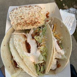 Ruckus Taco - Elote plus 3 types of tacos:  1) adobo grilled chicken, 2) beef barbacoa, & 3) chili lime cauliflower.