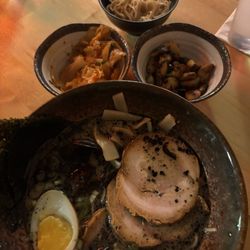 Strings Ramen- Hyde Park - Black garlic Tonkotsu Ramen side of Kim chi and toasted garlic