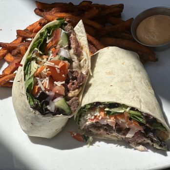 Acova - bistro steak wrap: steak, parmesan, lettuce, tomato, cucumber, carrots, red onion, A-1 aioli - New American Near Me - Denver, Colorado Acova - bistro steak wrap: steak, parmesan, lettuce, tomato, cucumber, carrots, red onion, A-1 aioli - New American Near Me - Denver, Colorado