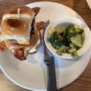 Denny's - Combo meal of QP bacon burger + slider and side of broccoli - Breakfast & Brunch Near Me - Fairfax, Virginia