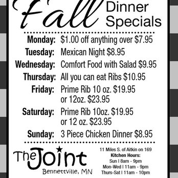 The Joint - 2018 Fall Dinner Specials - Sports Bars Near Me - Aitkin, Minnesota