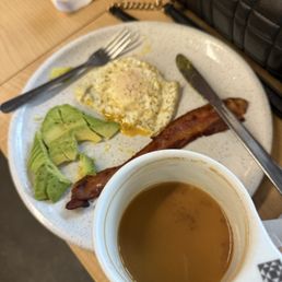 Breakfast plate and brewed coffee (forgive as I ate half before remembering to take a photo)