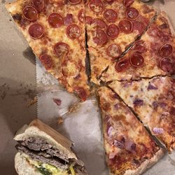 Gino Bros Pizza Bar - Pepperoni pizza with red onion, and the deluxe steak with double meat