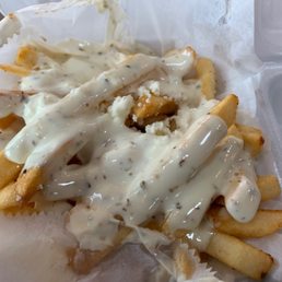 Fries. That sauce is so good. It had Feta chunks as well.