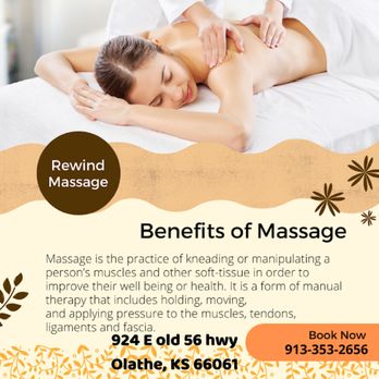 Rewind Massage - Rewind Massage
913 353 2656
924 E Old 56 Hwy, Olathe, KS 66061
Monday - Sunday
10-8:30pm
Website:Rewind massage-olathe.com - Massage Therapy Near Me - Olathe, Kansas Rewind Massage - Rewind Massage
913 353 2656
924 E Old 56 Hwy, Olathe, KS 66061
Monday - Sunday
10-8:30pm
Website:Rewind massage-olathe.com - Massage Therapy Near Me - Olathe, Kansas