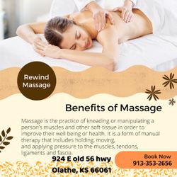 Rewind Massage - Rewind Massage
913 353 2656
924 E Old 56 Hwy, Olathe, KS 66061 
Monday - Sunday
10-8:30pm
Website:Rewind massage-olathe.com