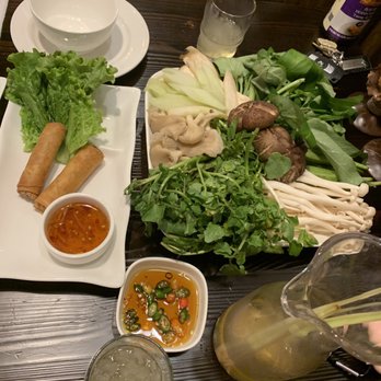 Huong Sen - Vegan Crispy Rolls, veggies from the Huong Sen Thai hot pot, and Lemongrass and Ginger tea - Vietnamese Near Me - Houston, Texas Huong Sen - Vegan Crispy Rolls, veggies from the Huong Sen Thai hot pot, and Lemongrass and Ginger tea - Vietnamese Near Me - Houston, Texas