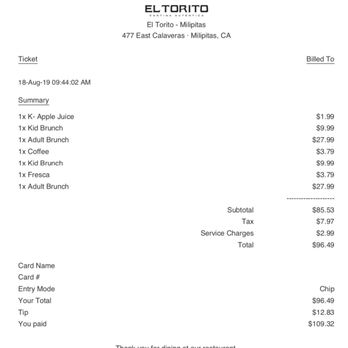 El Torito - The bill Is for 2 adults and two children.  Notice they charge for beverages now. - Mexican Near Me - Milpitas, California
