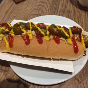 3 Three's Coffee Lounge - Vegan hot dog with vegan cheese, ketchup, mustard, and jalapeños. - Coffee & Tea Near Me - Birmingham, XWM