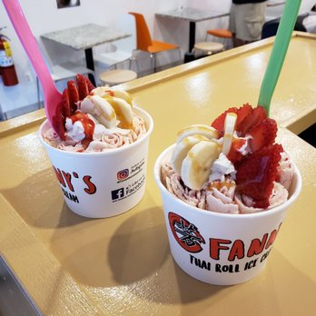 Fanny's Thai Roll Ice Cream - Strawberry Banana - Ice Cream & Frozen Yogurt Near Me - Elgin, Illinois Fanny's Thai Roll Ice Cream - Strawberry Banana - Ice Cream & Frozen Yogurt Near Me - Elgin, Illinois
