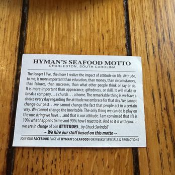 Hyman's Seafood - Little note cards to have at table as conversation pieces instead of phones! - Seafood Near Me - Charleston, South Carolina Hyman's Seafood - Little note cards to have at table as conversation pieces instead of phones! - Seafood Near Me - Charleston, South Carolina