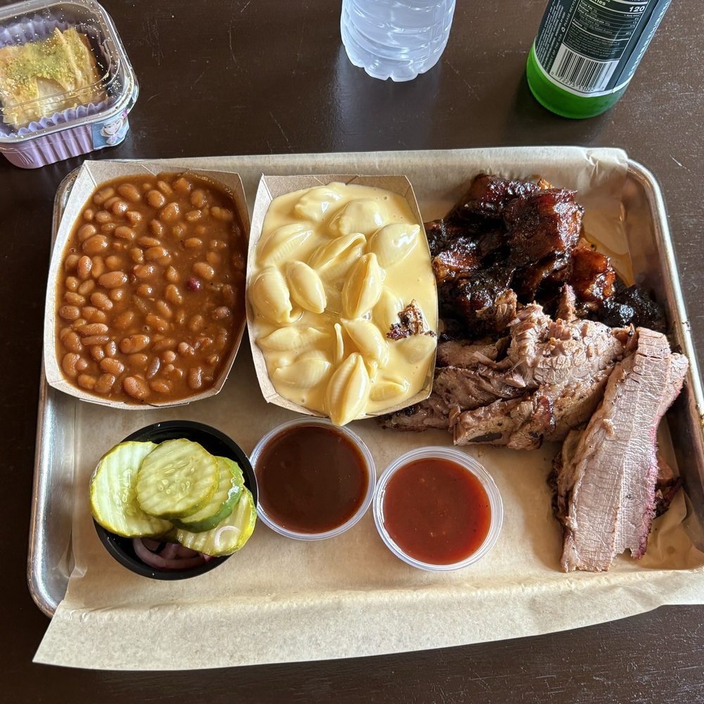 BBQ platter featuring brisket and burnt ends.