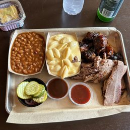BBQ platter featuring brisket and burnt ends.