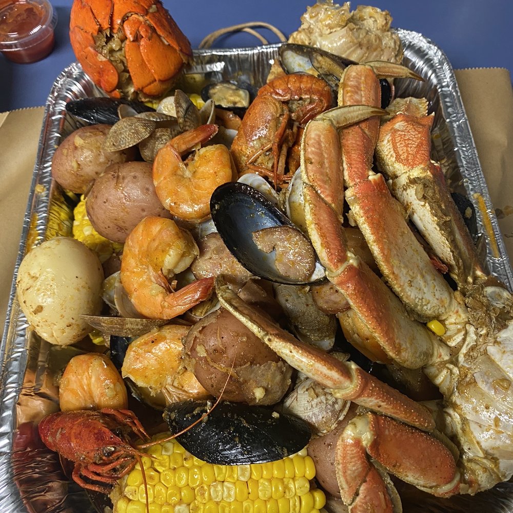 Seafood boil --- lobster-shrimp-crawfish-black mussels-clams-dungeons crab-king crab- sausage-corn-potato-egg Seafood boil --- lobster-shrimp-crawfish-black mussels-clams-dungeons crab-king crab- sausage-corn-potato-egg