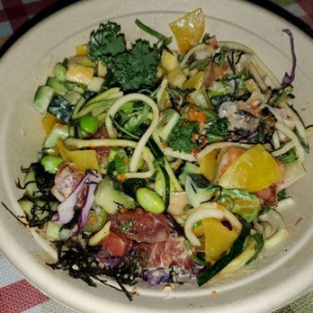 Poki DC - Custom 2-protein bowl with zucchini noodles as the base, all mixed up - Poke Near Me - Gaithersburg, Maryland