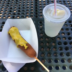 The Corn Dog Stand - Jumbo corn dog (slathered in mustard) and a lemonade.