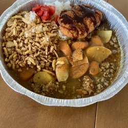 The Curry Shack - The Ronin - Beef curry w vegetables and rice. We added the crispy onions and potato croquette.