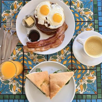 Three Birds - Three birds breakfast plate, house roasted turkey sandwich, orange juice, golden milk - Cafes Near Me - Ojai, California