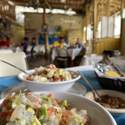 Mariscos La Palmita - Shrimp ceviche in front, fish the back.