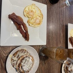Cinnamon Roll French Toast  Eggs over medium  Bacon  Teddy Bear Latte