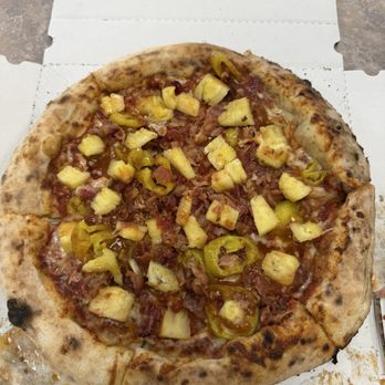 The Brick Oven Bus - My pizza after I cut all the large chunks and spread them throughout the pizza - Food Trucks Near Me