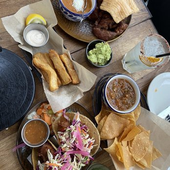 El Techo - Chicharrones (top), yuca fritas (middle), fish tacos (bottom) - Latin American Near Me - San Francisco, California